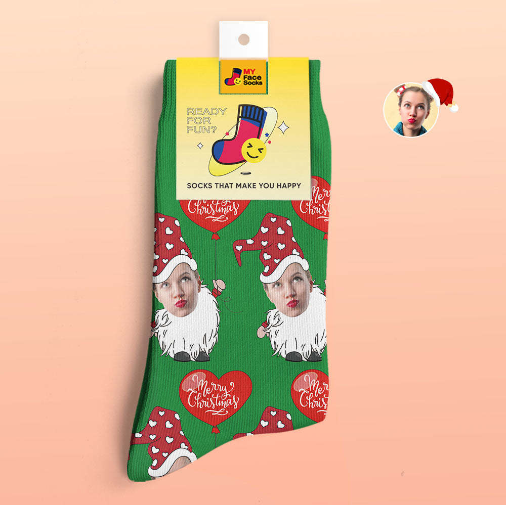 Custom 3D Digital Printed Socks Christmas Gnome With Heart Shaped Balloon Christmas Socks - MyFaceSocksAu