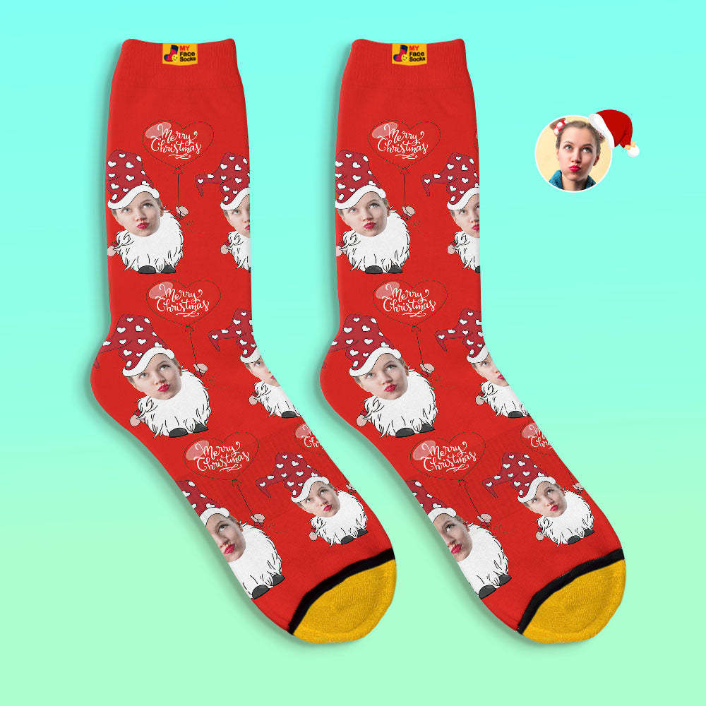 Custom 3D Digital Printed Socks Christmas Gnome With Heart Shaped Balloon Christmas Socks - MyFaceSocksAu