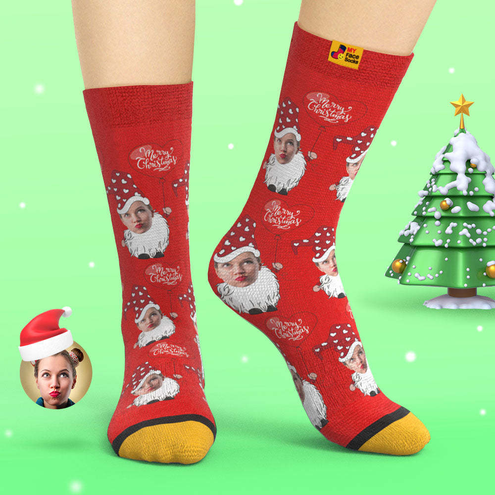 Custom 3D Digital Printed Socks Christmas Gnome With Heart Shaped Balloon Christmas Socks - MyFaceSocksAu