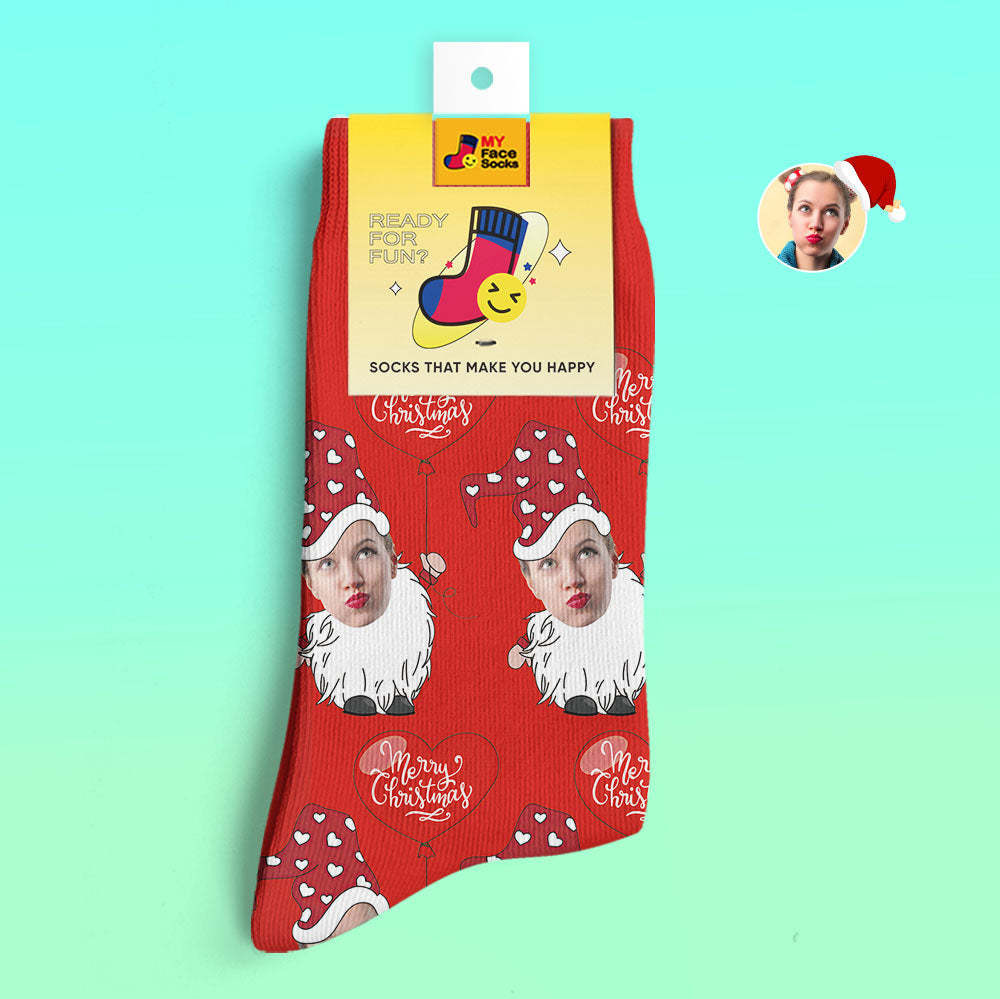 Custom 3D Digital Printed Socks Christmas Gnome With Heart Shaped Balloon Christmas Socks - MyFaceSocksAu