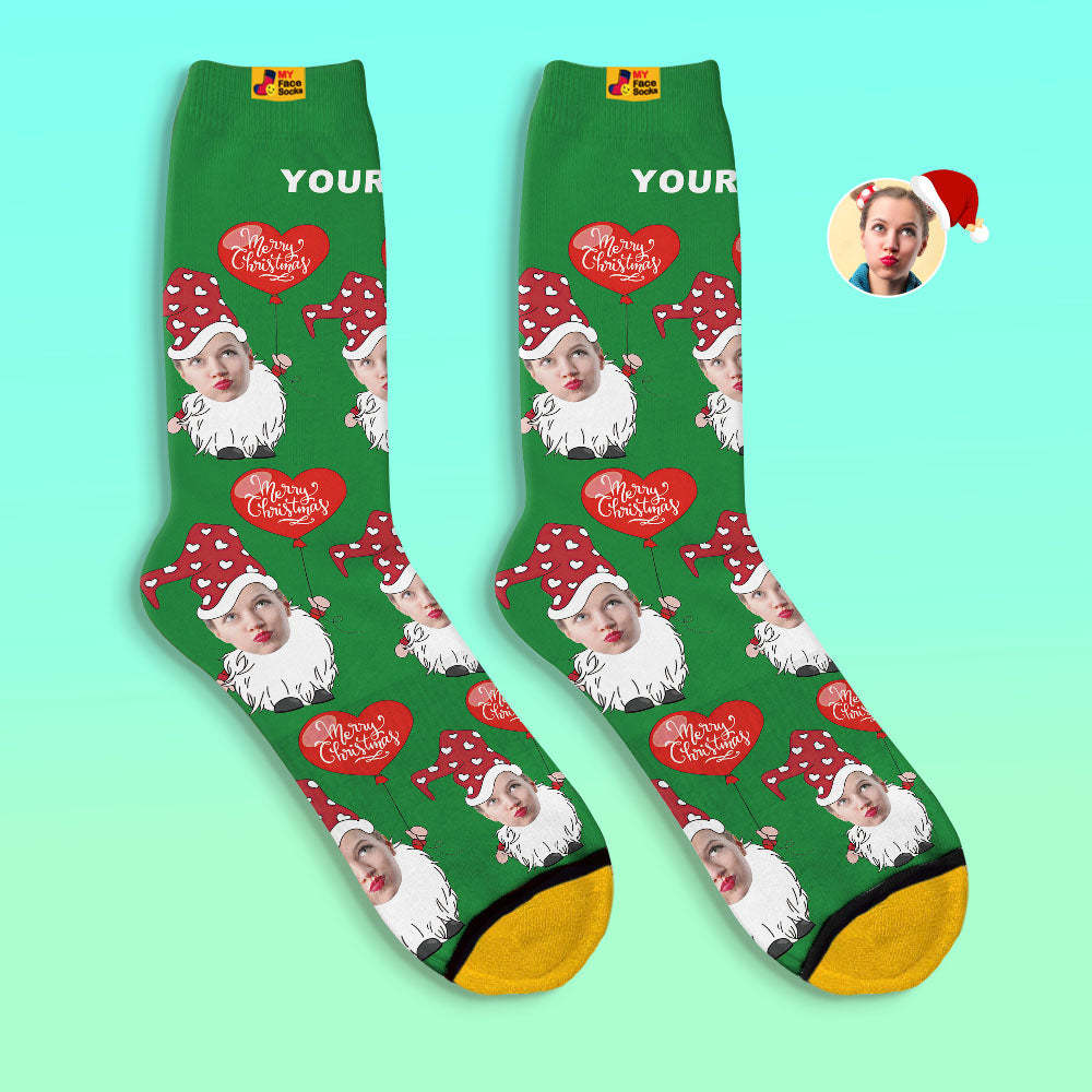 Custom 3D Digital Printed Socks Christmas Gnome With Heart Shaped Balloon Christmas Socks - MyFaceSocksAu