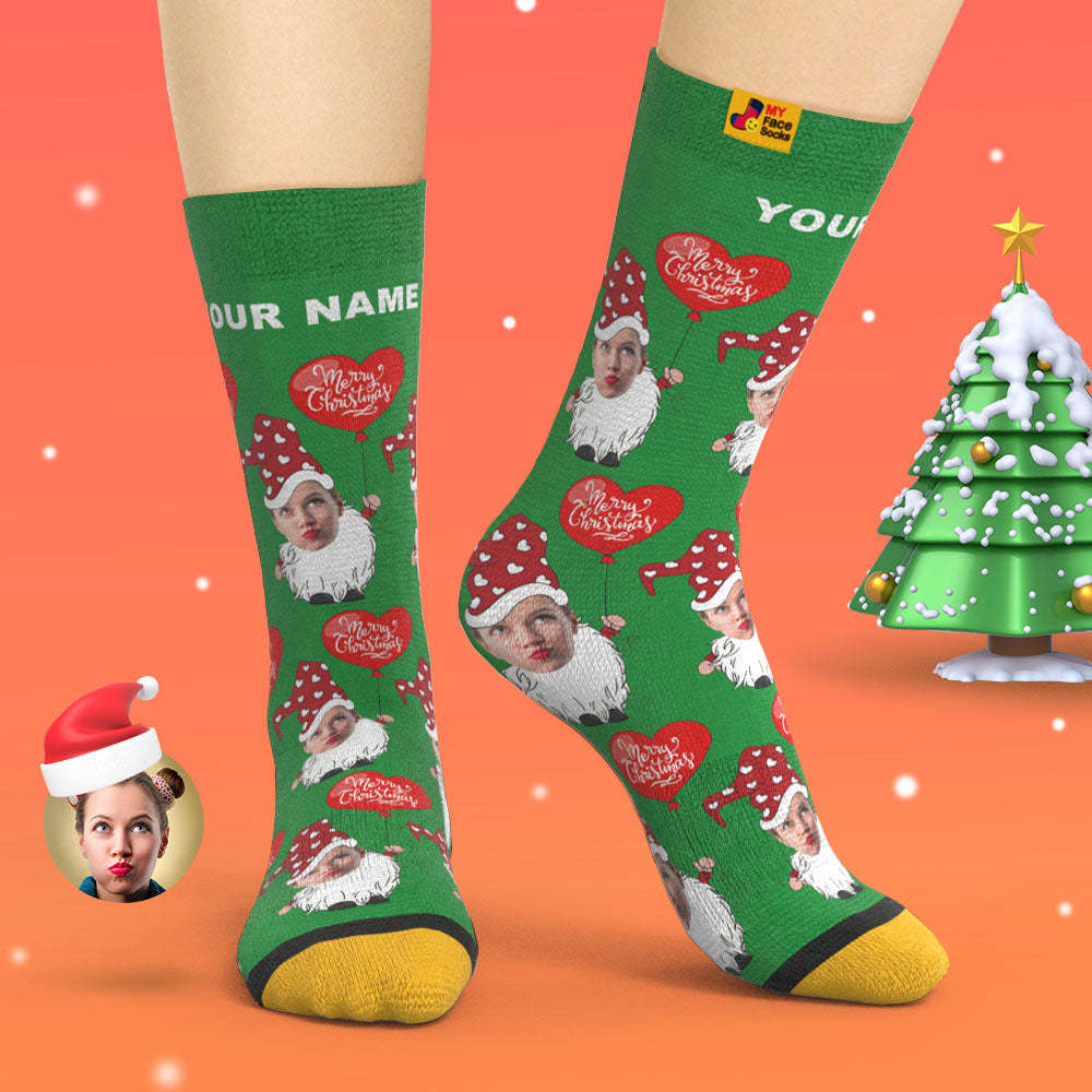 Custom 3D Digital Printed Socks Christmas Gnome With Heart Shaped Balloon Christmas Socks - MyFaceSocksAu