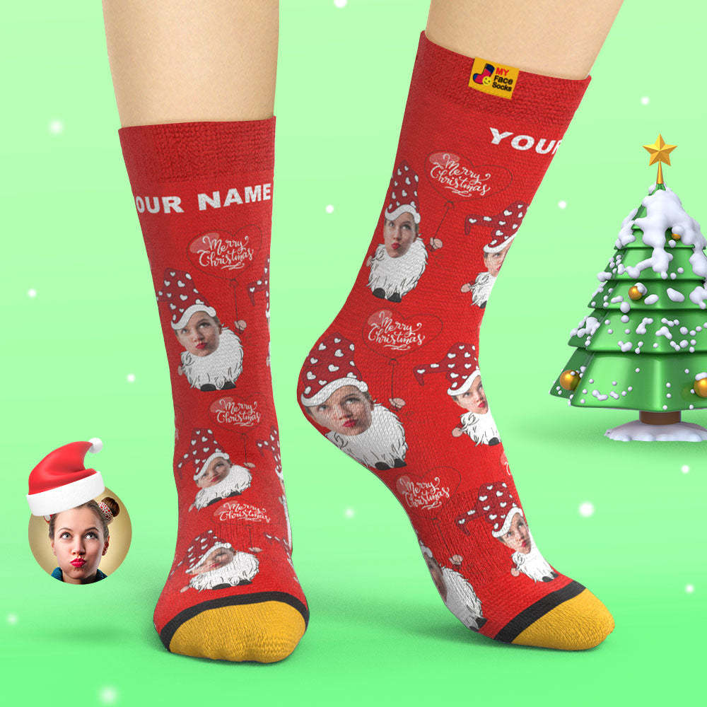 Custom 3D Digital Printed Socks Christmas Gnome With Heart Shaped Balloon Christmas Socks - MyFaceSocksAu