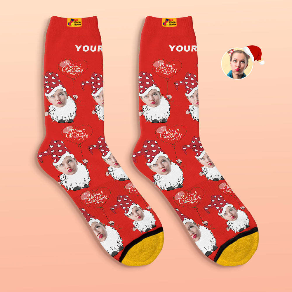 Custom 3D Digital Printed Socks Christmas Gnome With Heart Shaped Balloon Christmas Socks - MyFaceSocksAu