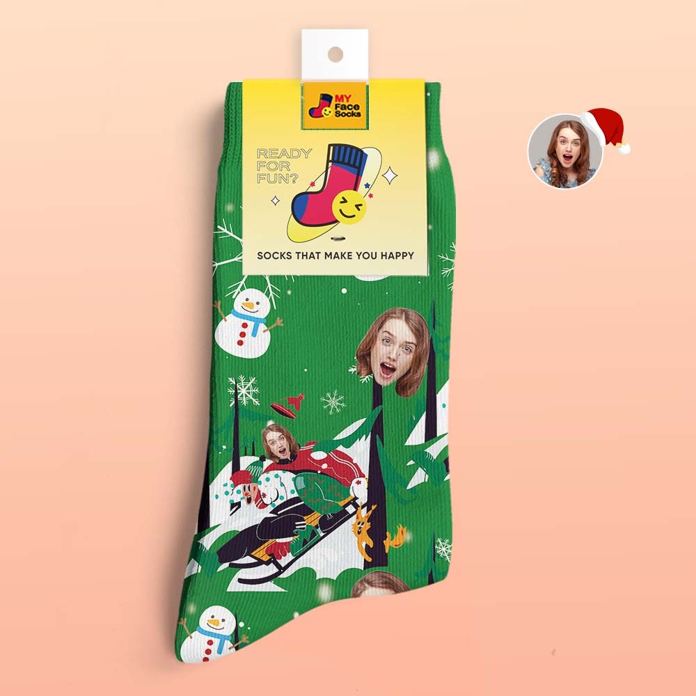 Custom 3D Digital Printed Socks Christmas Gift Socks Sledding Together - MyFaceSocksAu