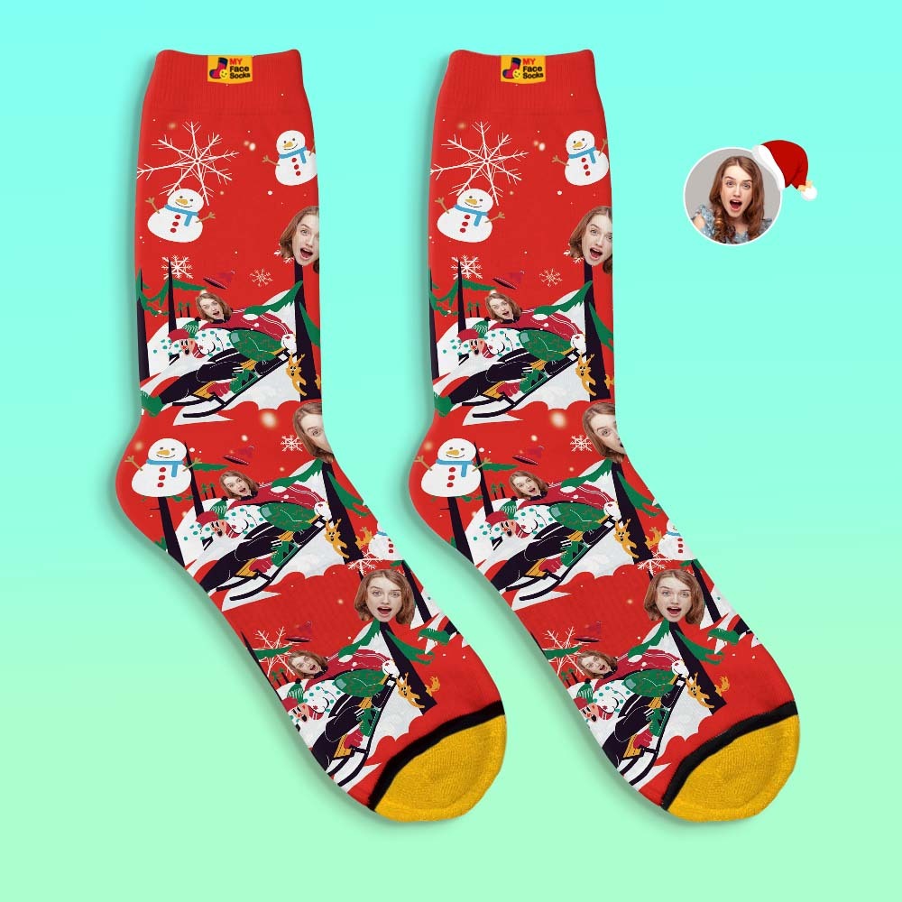 Custom 3D Digital Printed Socks Christmas Gift Socks Sledding Together - MyFaceSocksAu