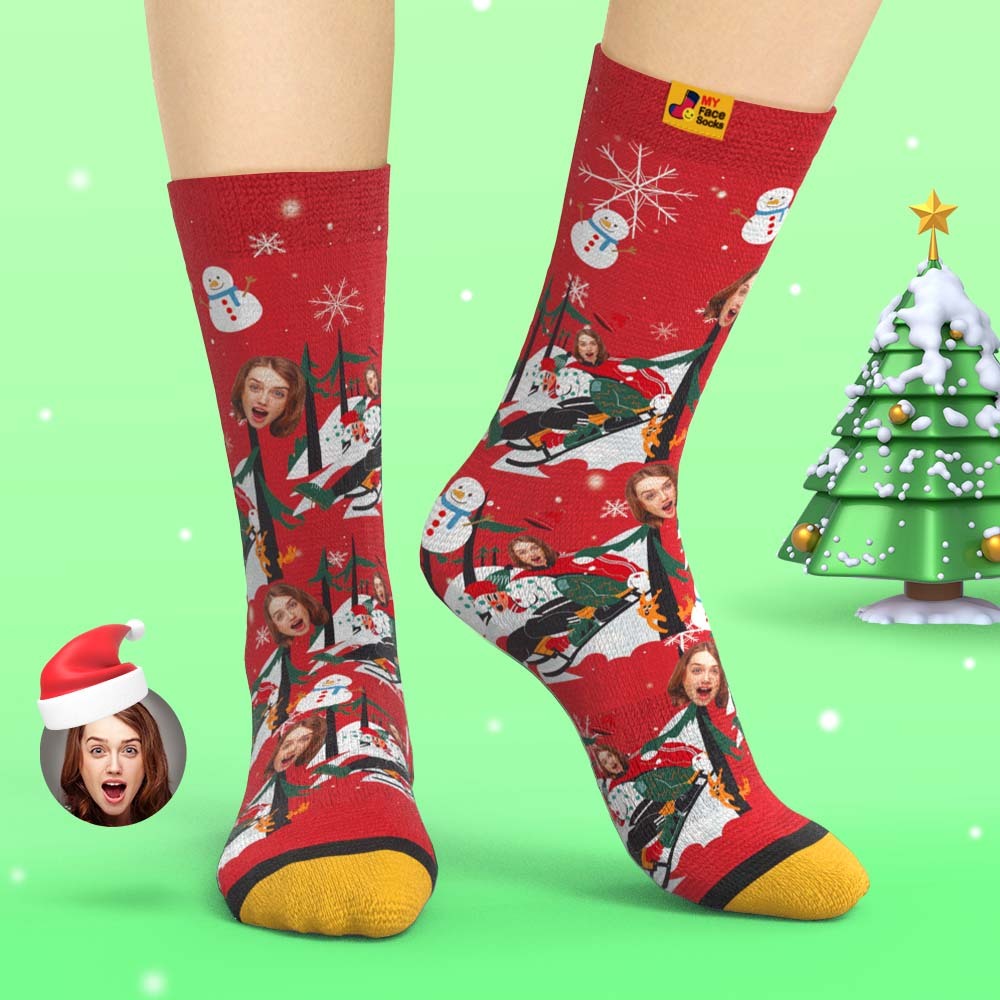 Custom 3D Digital Printed Socks Christmas Gift Socks Sledding Together - MyFaceSocksAu