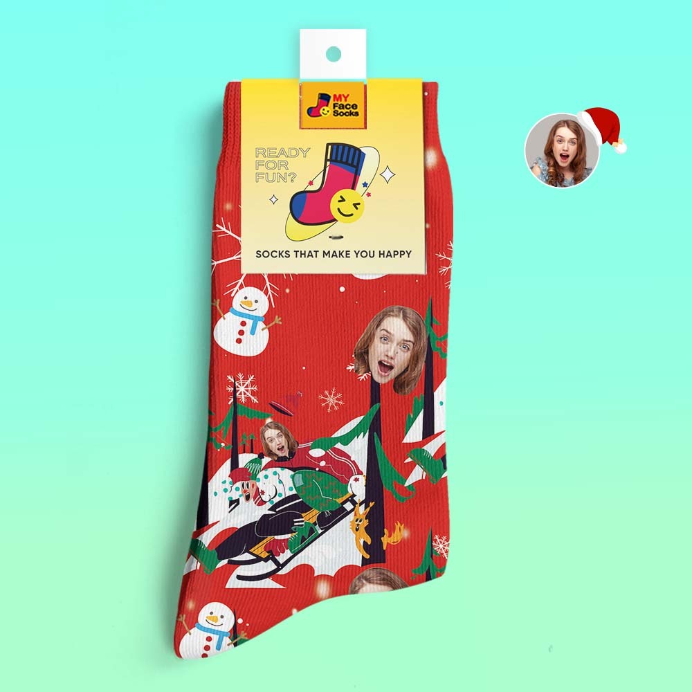 Custom 3D Digital Printed Socks Christmas Gift Socks Sledding Together - MyFaceSocksAu