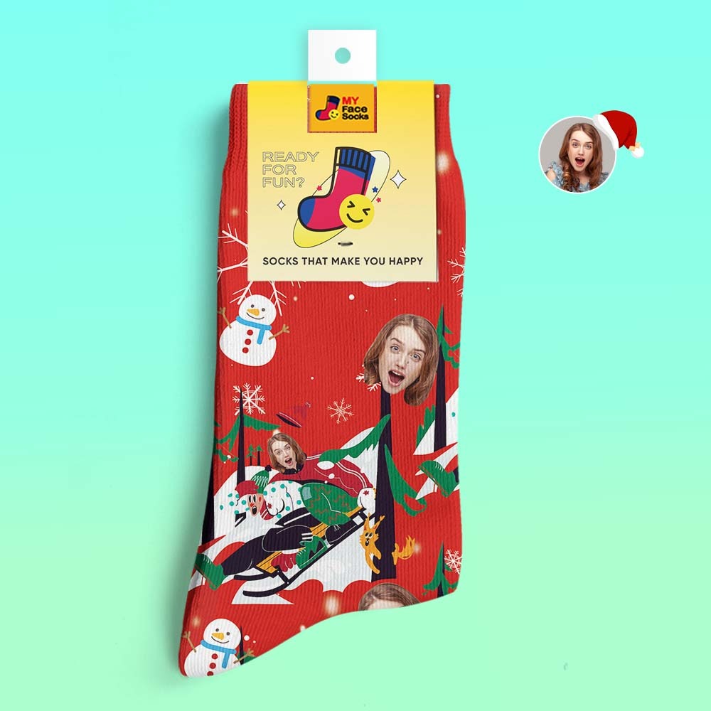 Custom 3D Digital Printed Socks Christmas Gift Socks Sledding Together - MyFaceSocksAu
