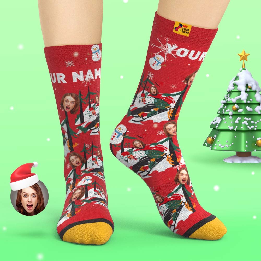 Custom 3D Digital Printed Socks Christmas Gift Socks Sledding Together - MyFaceSocksAu