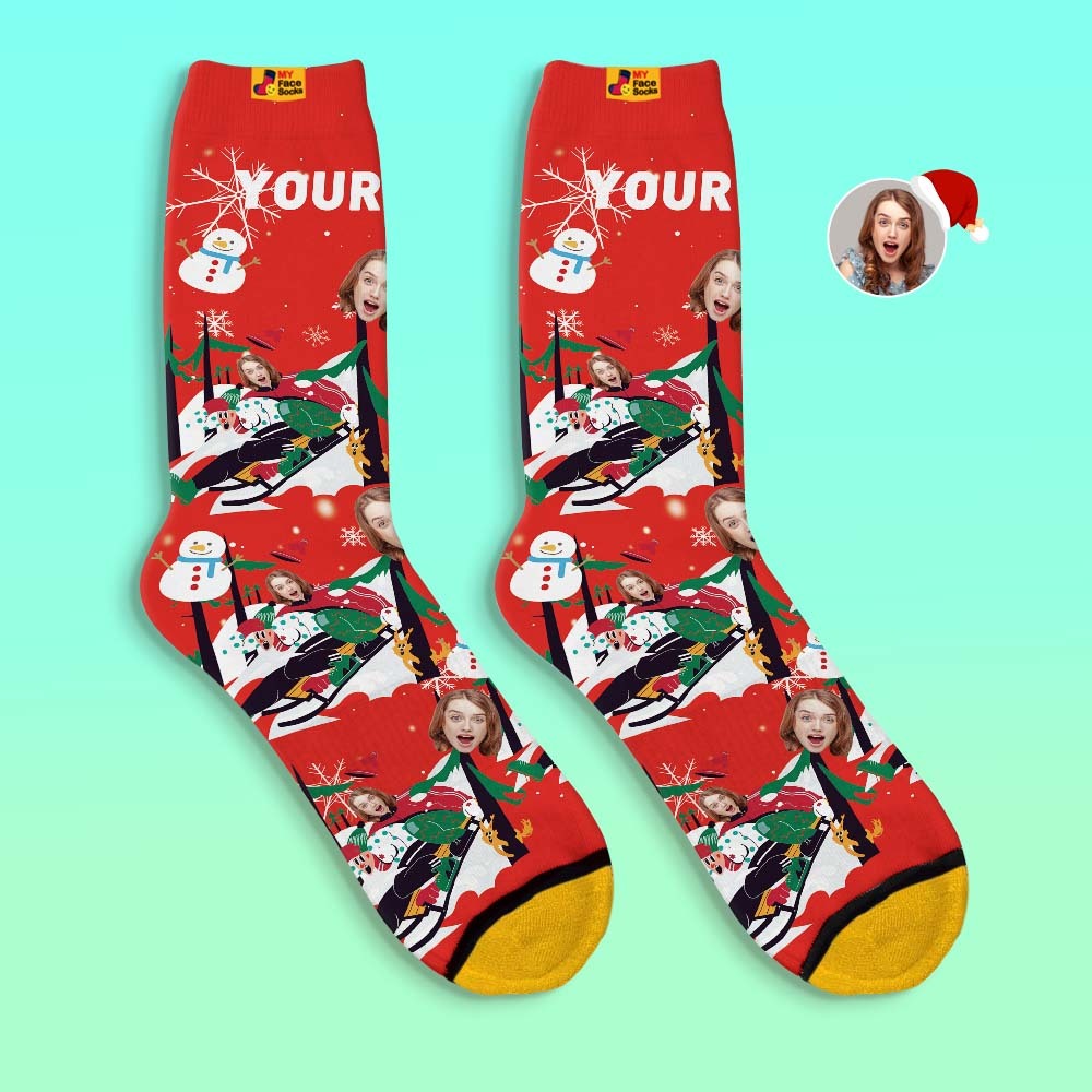 Custom 3D Digital Printed Socks Christmas Gift Socks Sledding Together - MyFaceSocksAu