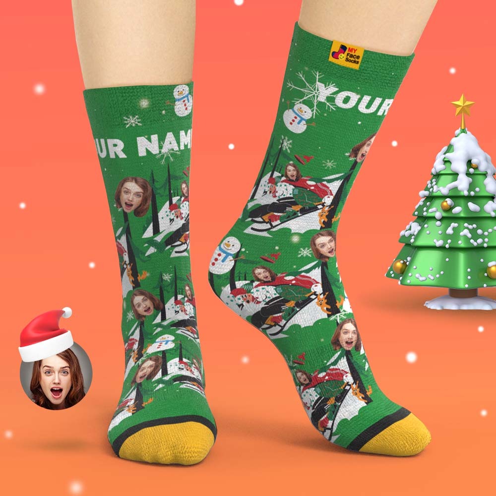 Custom 3D Digital Printed Socks Christmas Gift Socks Sledding Together - MyFaceSocksAu