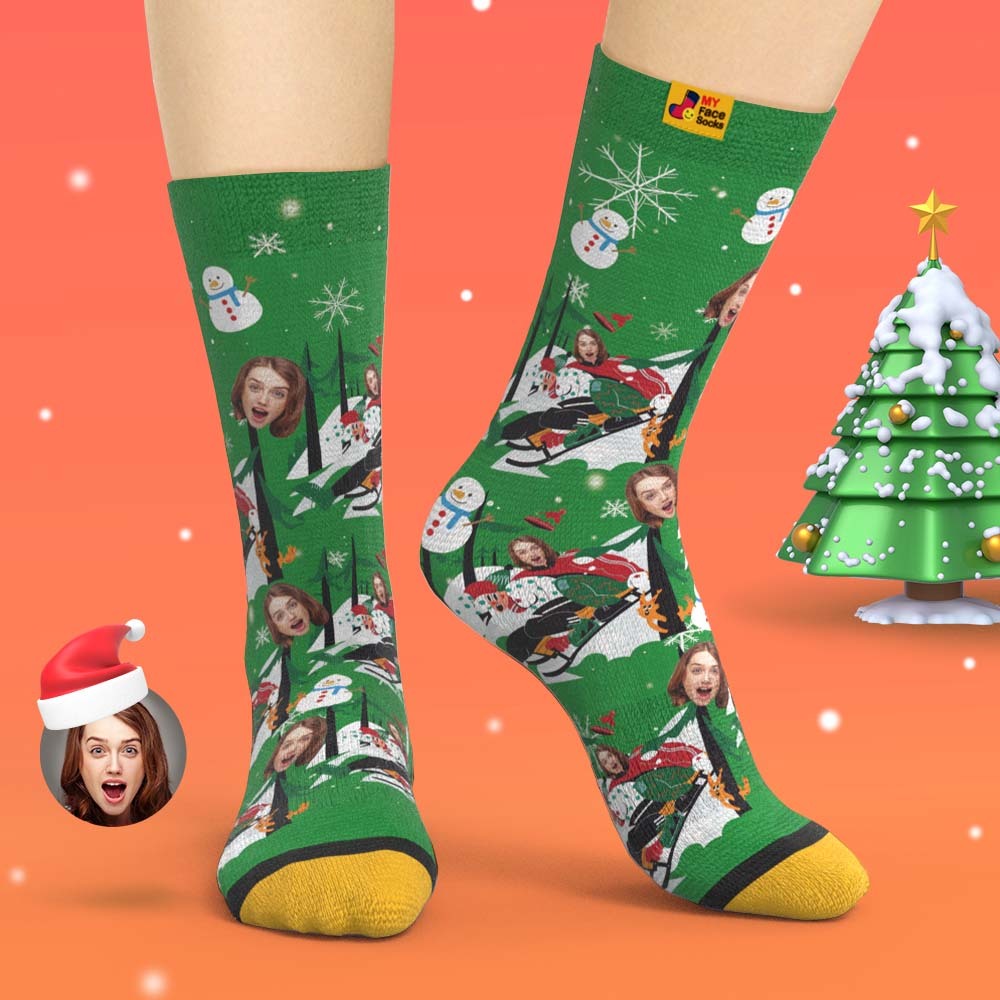 Custom 3D Digital Printed Socks Christmas Gift Socks Sledding Together - MyFaceSocksAu