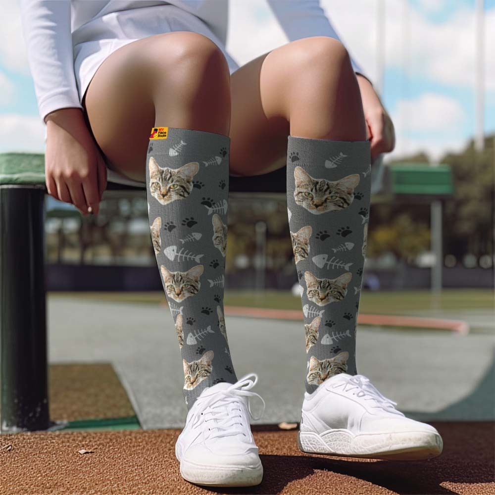 Father's Day Upgrade Custom Breathable Knee-high Compression Socks Online Preview Add Picture And Name Cat - MyFaceSocksAU