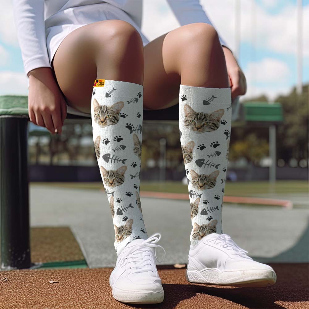 Father's Day Upgrade Custom Breathable Knee-high Compression Socks Online Preview Add Picture And Name Cat - MyFaceSocksAU