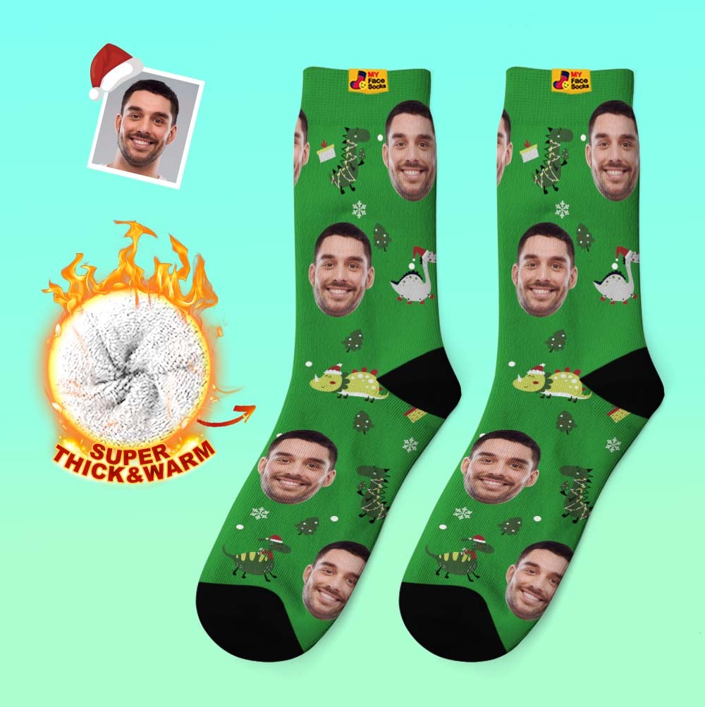 Christmas Gifts,Custom Thick Socks Photo 3D Digital Printed Socks Autumn Winter Warm Socks Santa Hat Dinosaur - MyFaceSocksAu