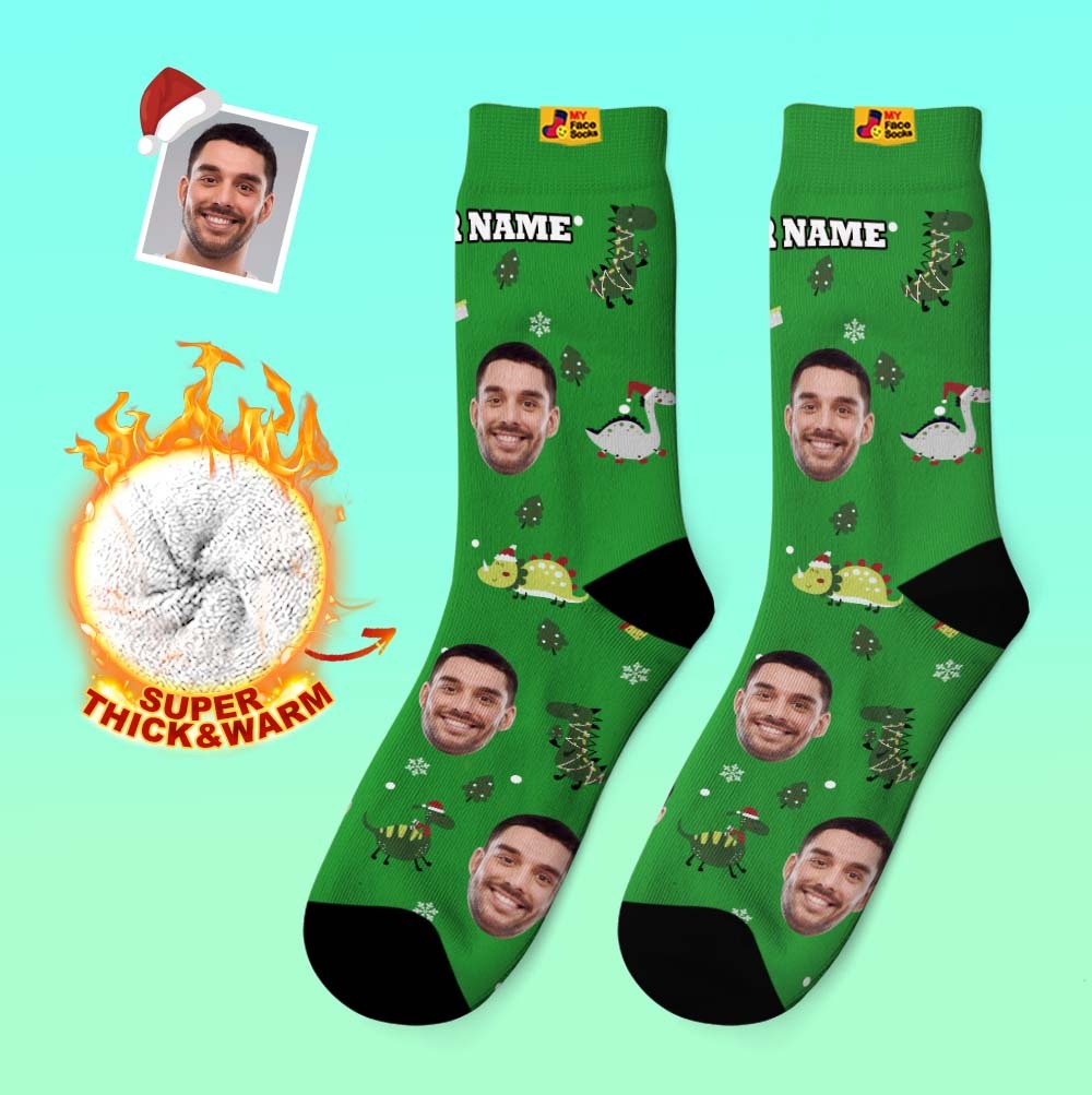 Christmas Gifts,Custom Thick Socks Photo 3D Digital Printed Socks Autumn Winter Warm Socks Santa Hat Dinosaur - MyFaceSocksAu