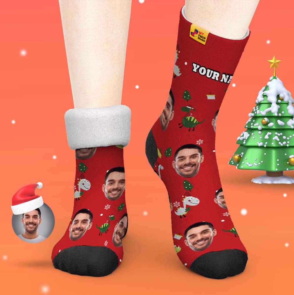 Christmas Gifts,Custom Thick Socks Photo 3D Digital Printed Socks Autumn Winter Warm Socks Santa Hat Dinosaur - MyFaceSocksAu