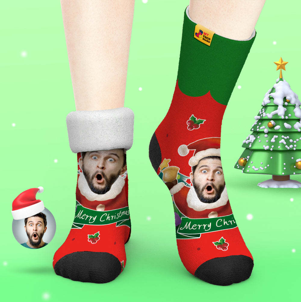 Custom Thick Socks Photo Autumn Winter Warm Socks Santa Claus Hats Christmas Gift Socks Christmas Bells - MyFaceSocksAu