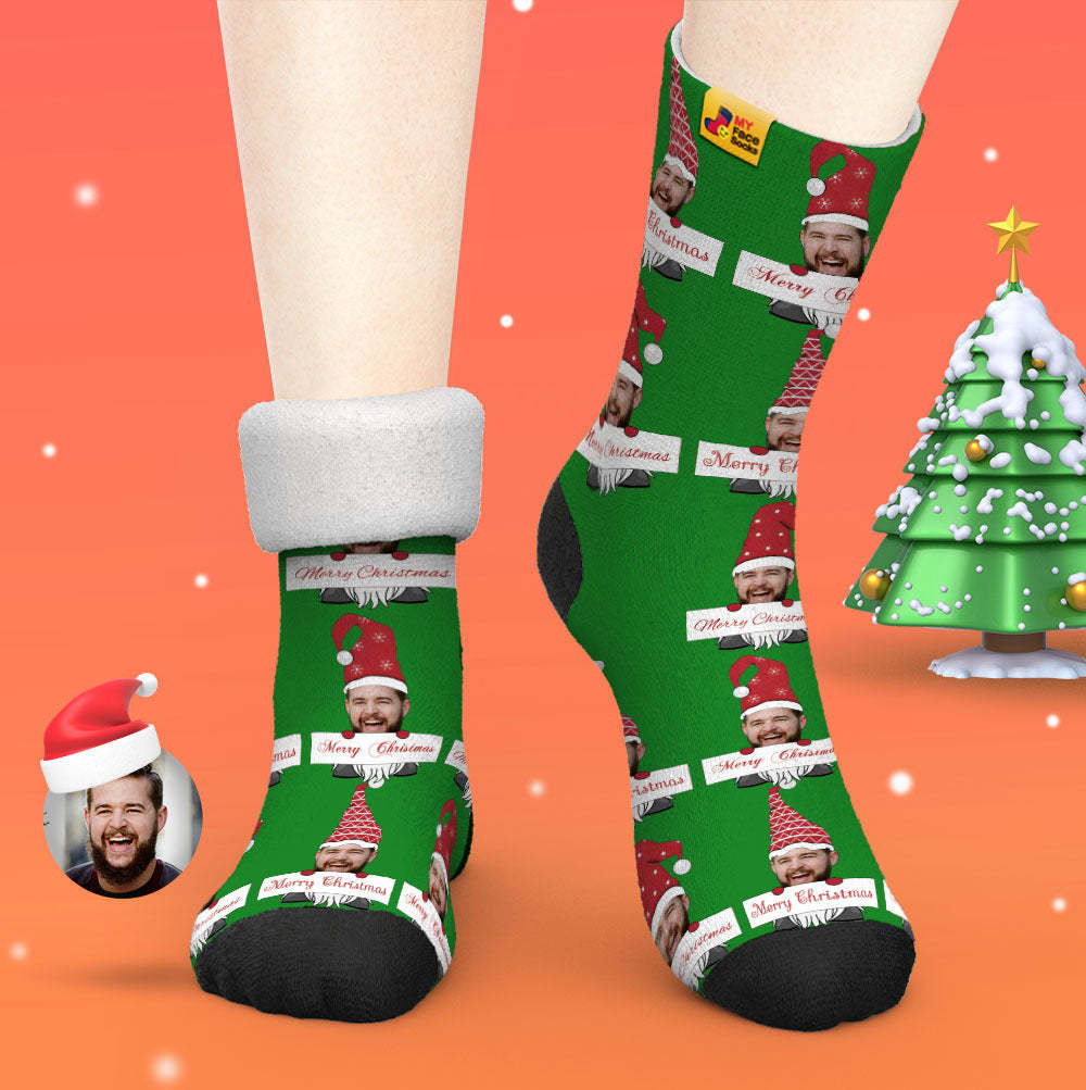 Custom Thick Socks Photo Autumn Winter Warm Socks Christmas Gnome Socks Merry Christmas - MyFaceSocksAu