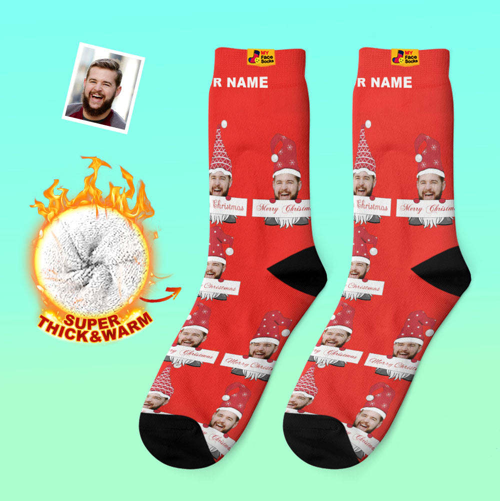 Custom Thick Socks Photo Autumn Winter Warm Socks Christmas Gnome Socks Merry Christmas - MyFaceSocksAu