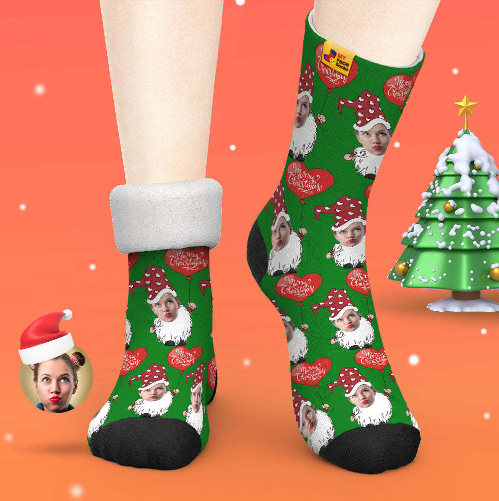 Custom Thick Socks Photo Autumn Winter Warm Socks Christmas Gnome With Heart Shaped Balloon Christmas Socks - MyFaceSocksAu