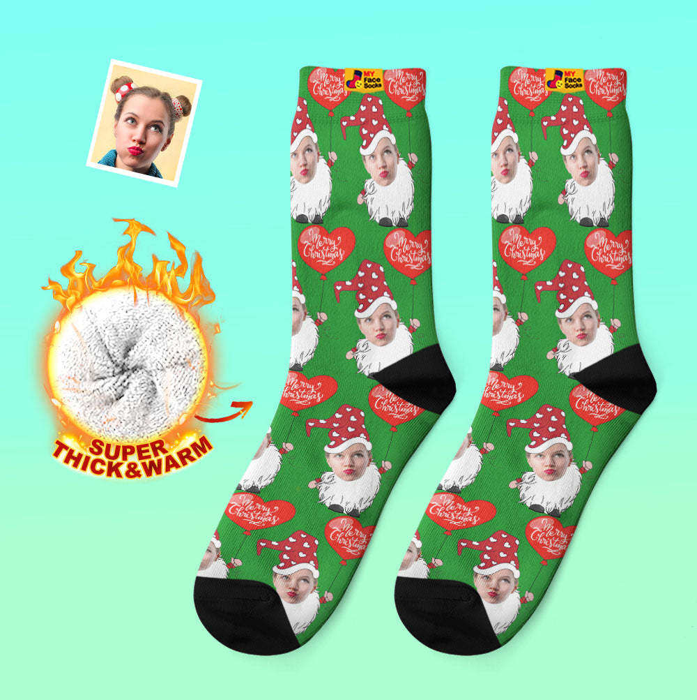 Custom Thick Socks Photo Autumn Winter Warm Socks Christmas Gnome With Heart Shaped Balloon Christmas Socks - MyFaceSocksAu