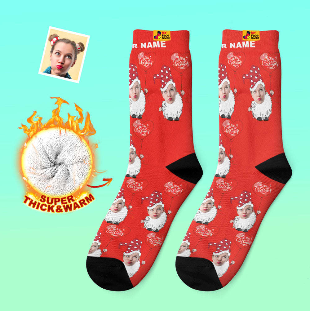 Custom Thick Socks Photo Autumn Winter Warm Socks Christmas Gnome With Heart Shaped Balloon Christmas Socks - MyFaceSocksAu