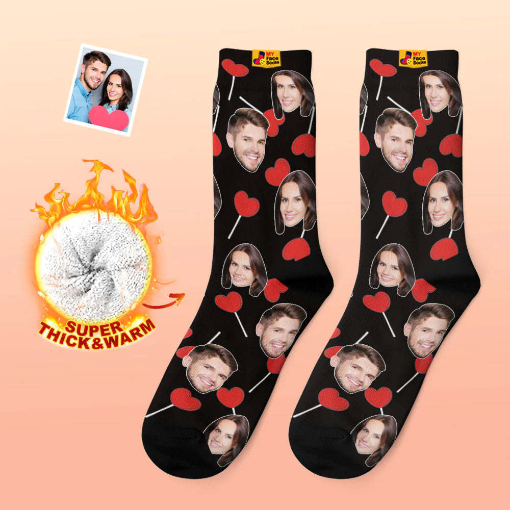 Custom Thick Photo Socks Valentine's Day Gift Warm Socks Heart Lollipops Face Socks - MyFaceSocksAu