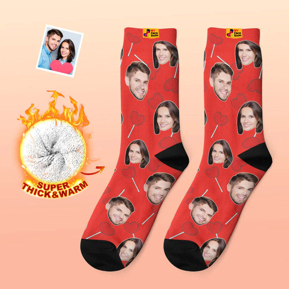 Custom Thick Photo Socks Valentine's Day Gift Warm Socks Heart Lollipops Face Socks - MyFaceSocksAu