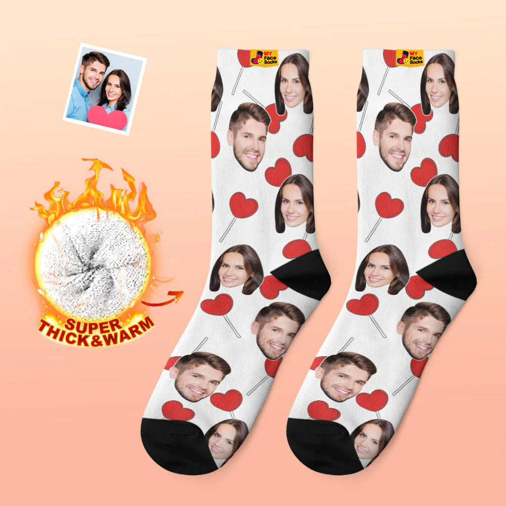 Custom Thick Photo Socks Valentine's Day Gift Warm Socks Heart Lollipops Face Socks - MyFaceSocksAu
