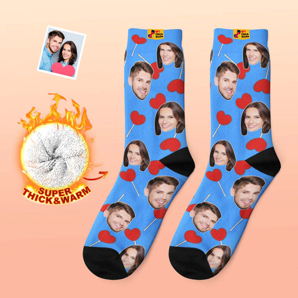 Custom Thick Photo Socks Valentine's Day Gift Warm Socks Heart Lollipops Face Socks - MyFaceSocksAu