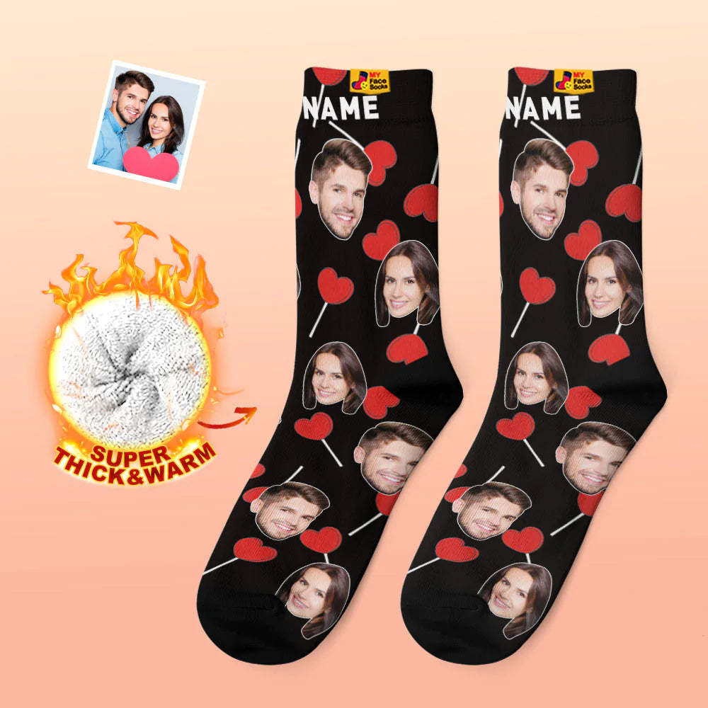 Custom Thick Photo Socks Valentine's Day Gift Warm Socks Heart Lollipops Face Socks - MyFaceSocksAu