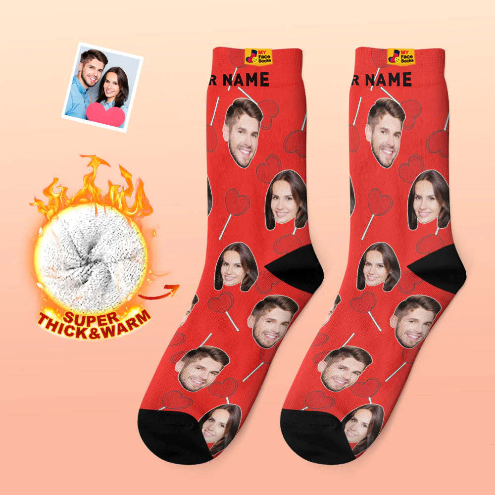 Custom Thick Photo Socks Valentine's Day Gift Warm Socks Heart Lollipops Face Socks - MyFaceSocksAu