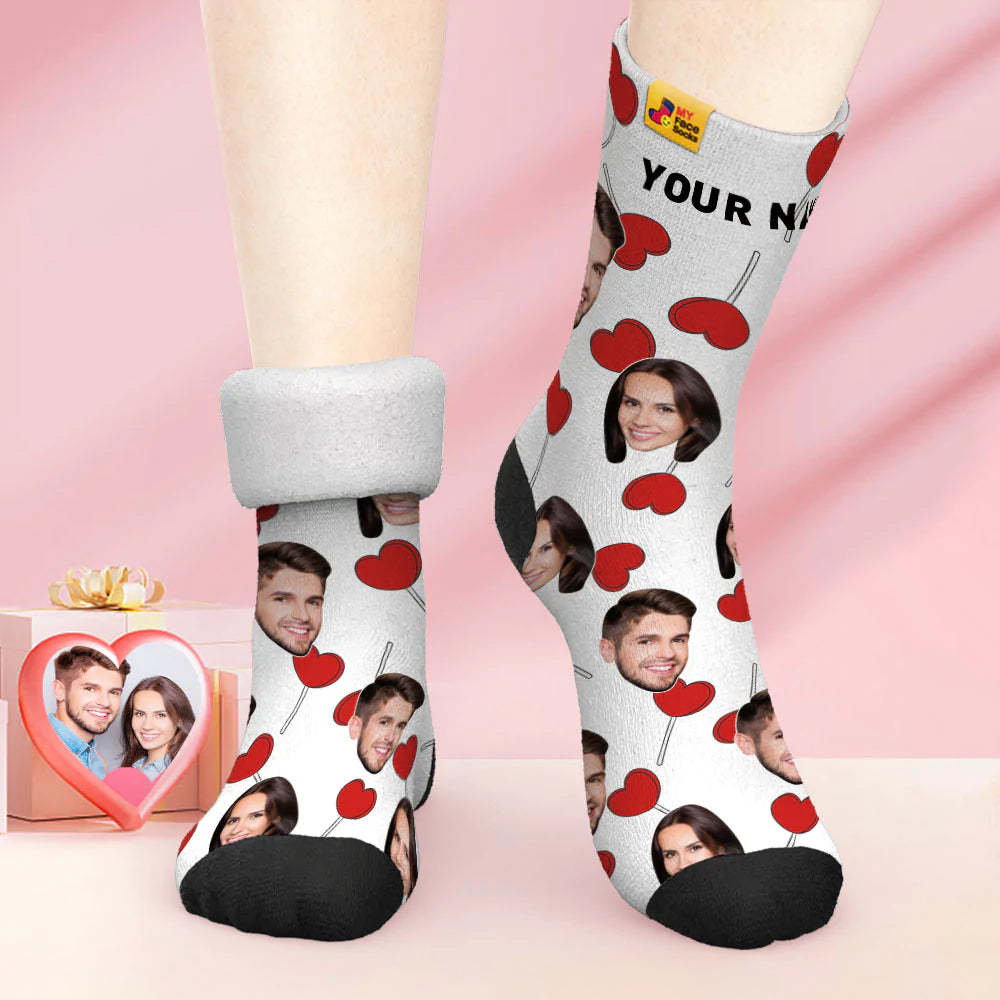 Custom Thick Photo Socks Valentine's Day Gift Warm Socks Heart Lollipops Face Socks - MyFaceSocksAu