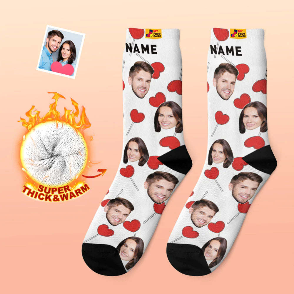 Custom Thick Photo Socks Valentine's Day Gift Warm Socks Heart Lollipops Face Socks - MyFaceSocksAu
