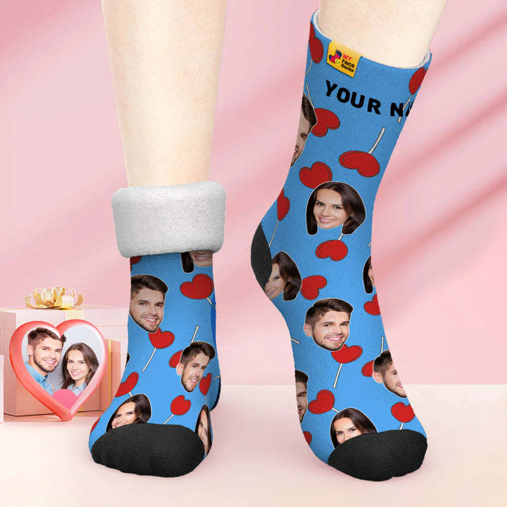 Custom Thick Photo Socks Valentine's Day Gift Warm Socks Heart Lollipops Face Socks - MyFaceSocksAu