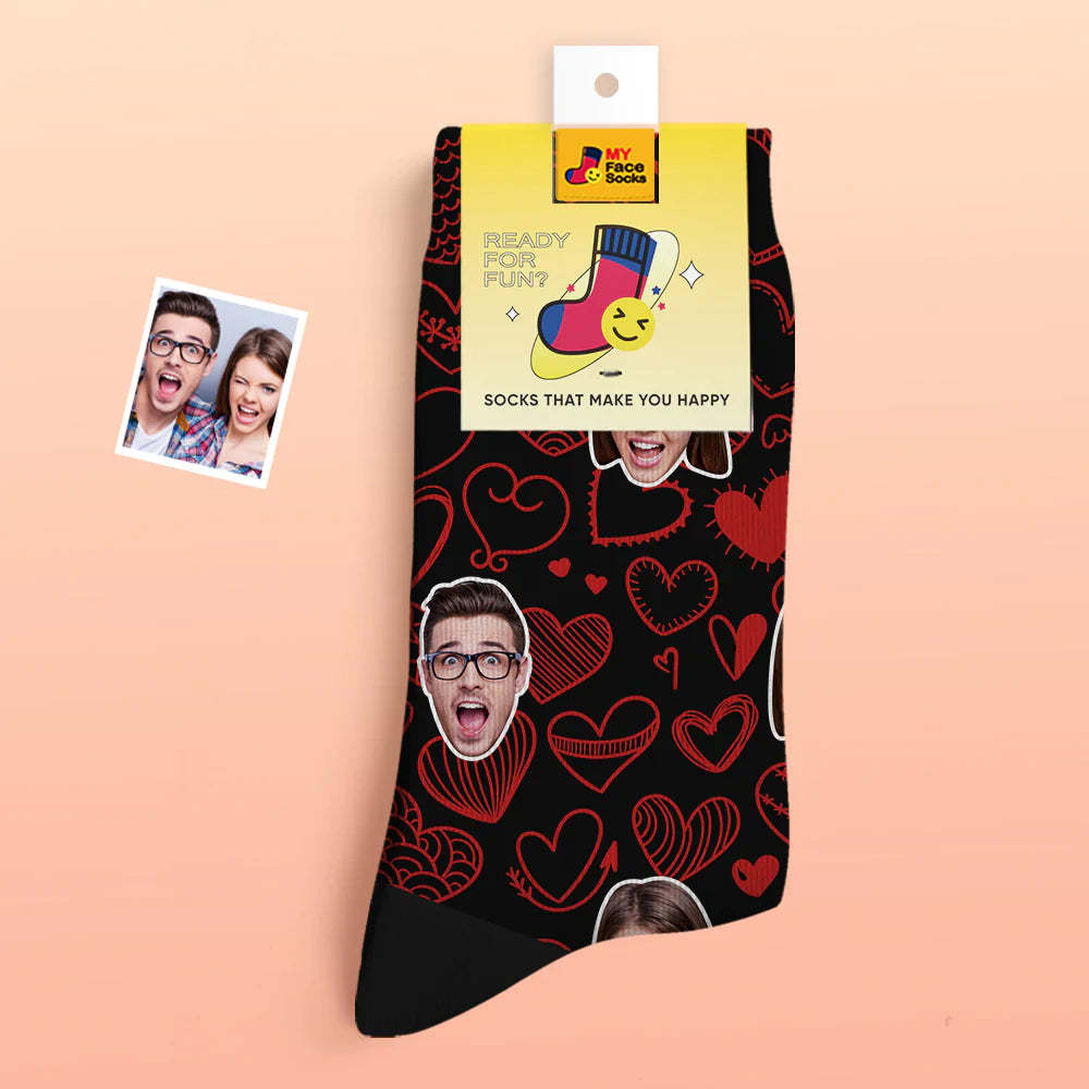 Custom Thick Photo Socks Valentine's Day Gift Warm Socks Fluttering Hearts All-Over Face Socks - MyFaceSocksAu