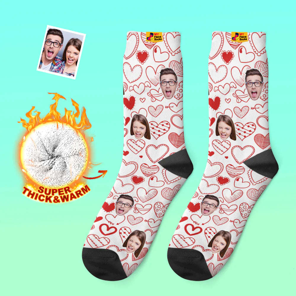 Custom Thick Photo Socks Valentine's Day Gift Warm Socks Fluttering Hearts All-Over Face Socks - MyFaceSocksAu