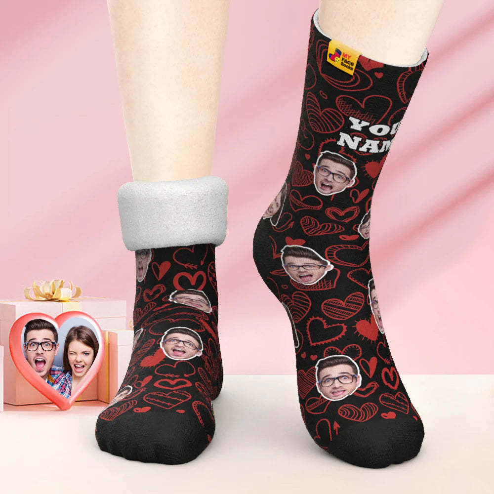 Custom Thick Photo Socks Valentine's Day Gift Warm Socks Fluttering Hearts All-Over Face Socks - MyFaceSocksAu
