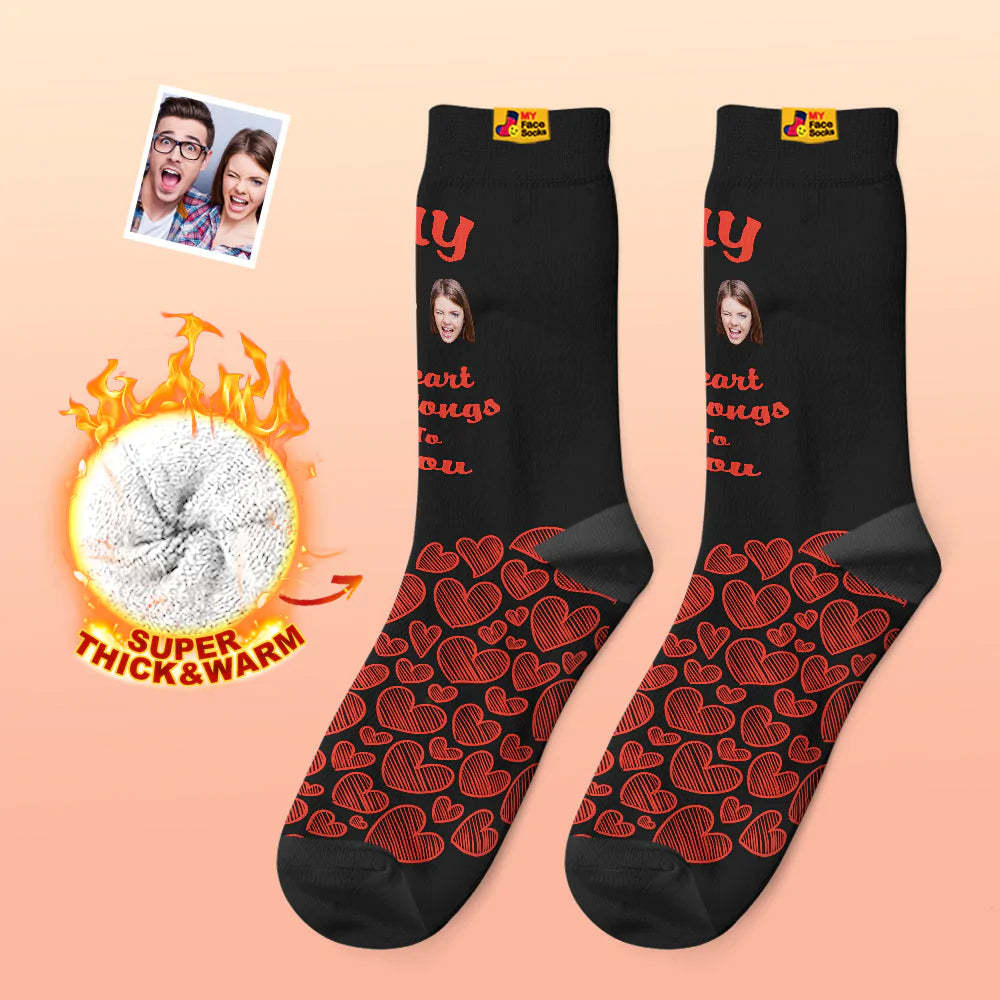 Custom Thick Photo Socks Valentine's Day Gift Warm Socks My Heart Belongs To You Face Socks - MyFaceSocksAu