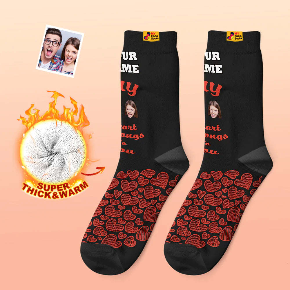 Custom Thick Photo Socks Valentine's Day Gift Warm Socks My Heart Belongs To You Face Socks - MyFaceSocksAu
