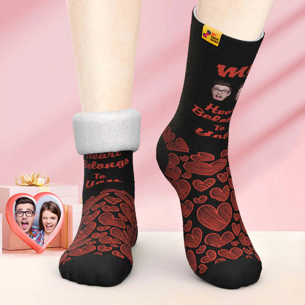 Custom Thick Photo Socks Valentine's Day Gift Warm Socks My Heart Belongs To You Face Socks - MyFaceSocksAu