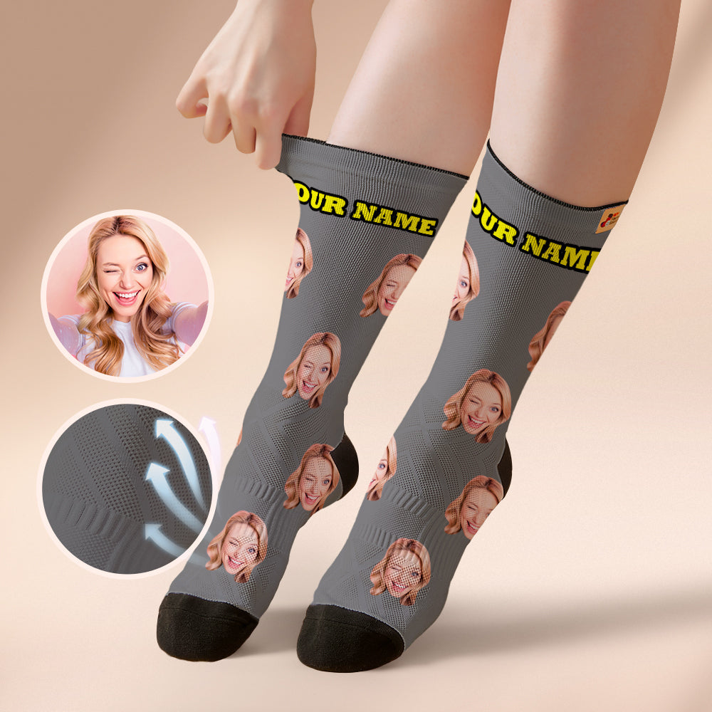 Custom Breathable Face Socks Online Preview Add Pictures And Name Colorful - Grey