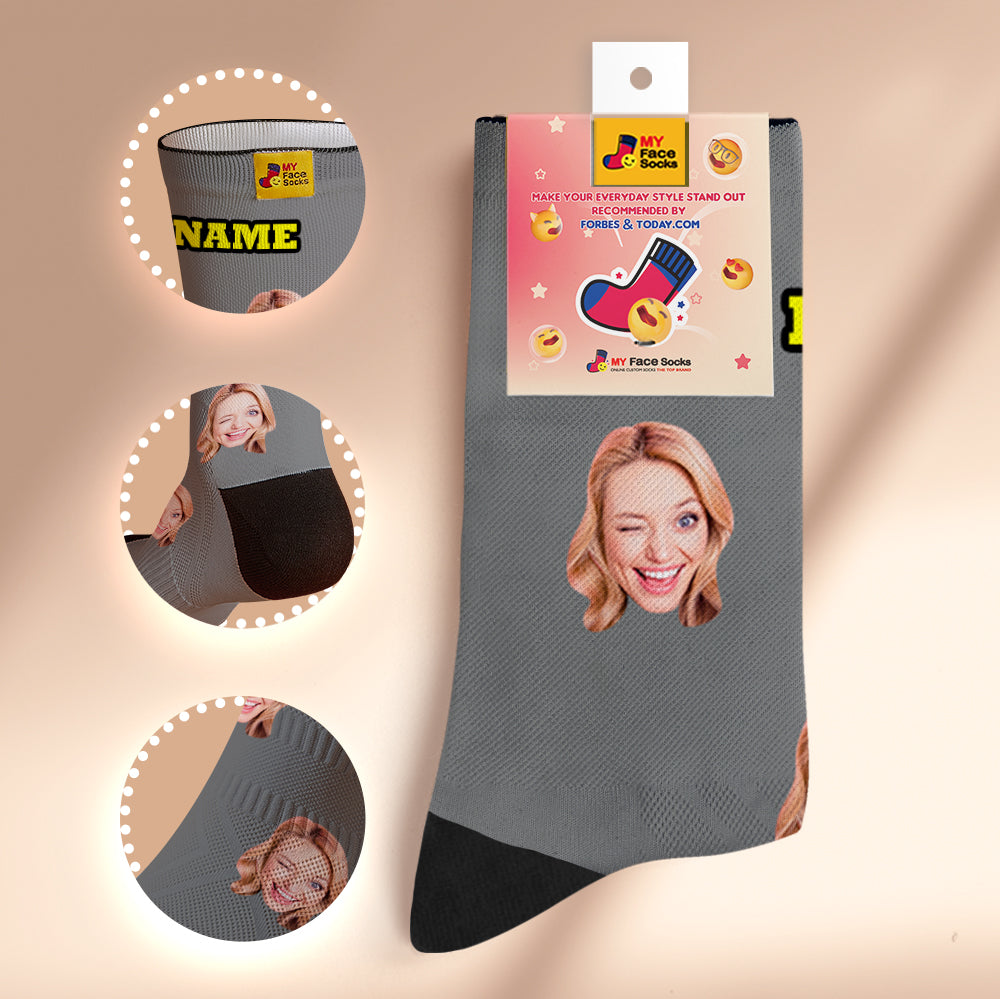 Custom Breathable Face Socks Online Preview Add Pictures And Name Colorful - Grey