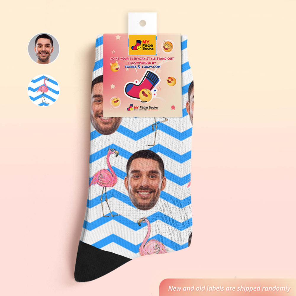 Custom Face Socks Add Pictures and Name Pink Flamingos Blue Zig Zag Breathable Soft Socks - MyFaceSocksAu