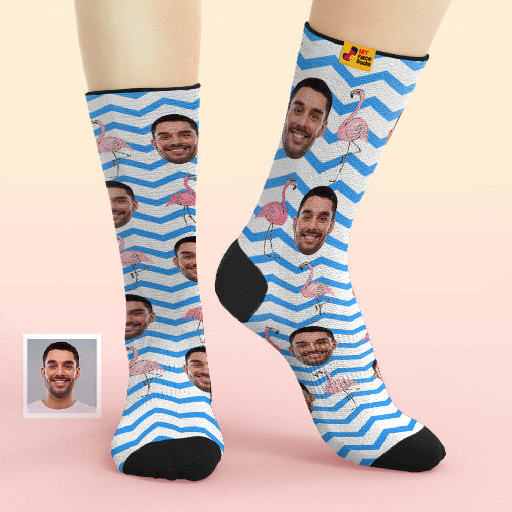 Custom Face Socks Add Pictures and Name Pink Flamingos Blue Zig Zag Breathable Soft Socks - MyFaceSocksAu