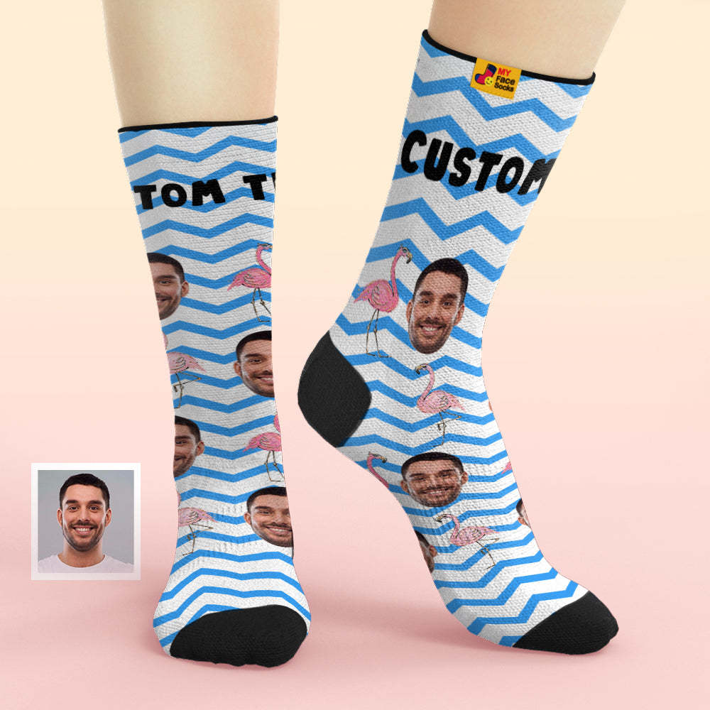 Custom Face Socks Add Pictures and Name Pink Flamingos Blue Zig Zag Breathable Soft Socks - MyFaceSocksAu