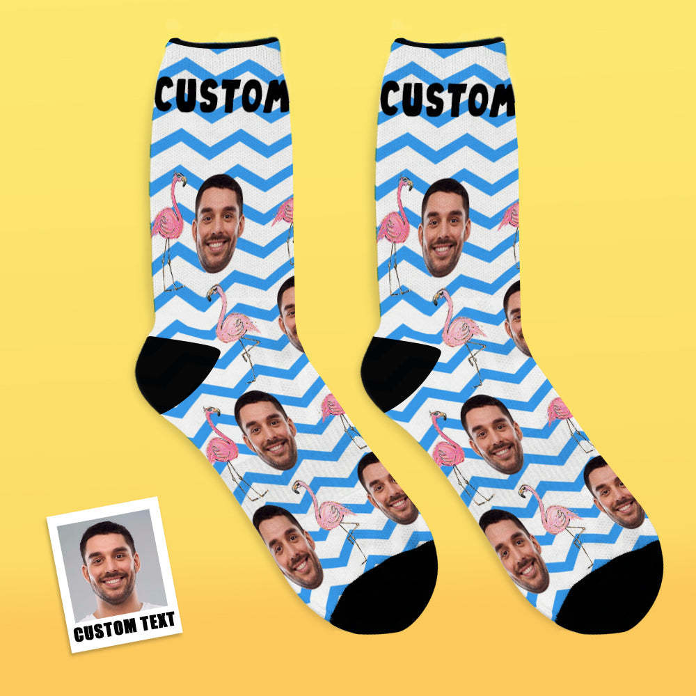 Custom Face Socks Add Pictures and Name Pink Flamingos Blue Zig Zag Breathable Soft Socks - MyFaceSocksAu