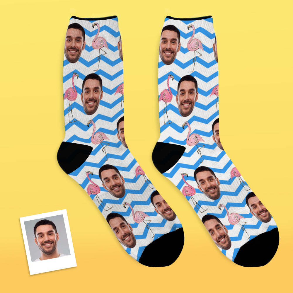 Custom Face Socks Add Pictures and Name Pink Flamingos Blue Zig Zag Breathable Soft Socks - MyFaceSocksAu